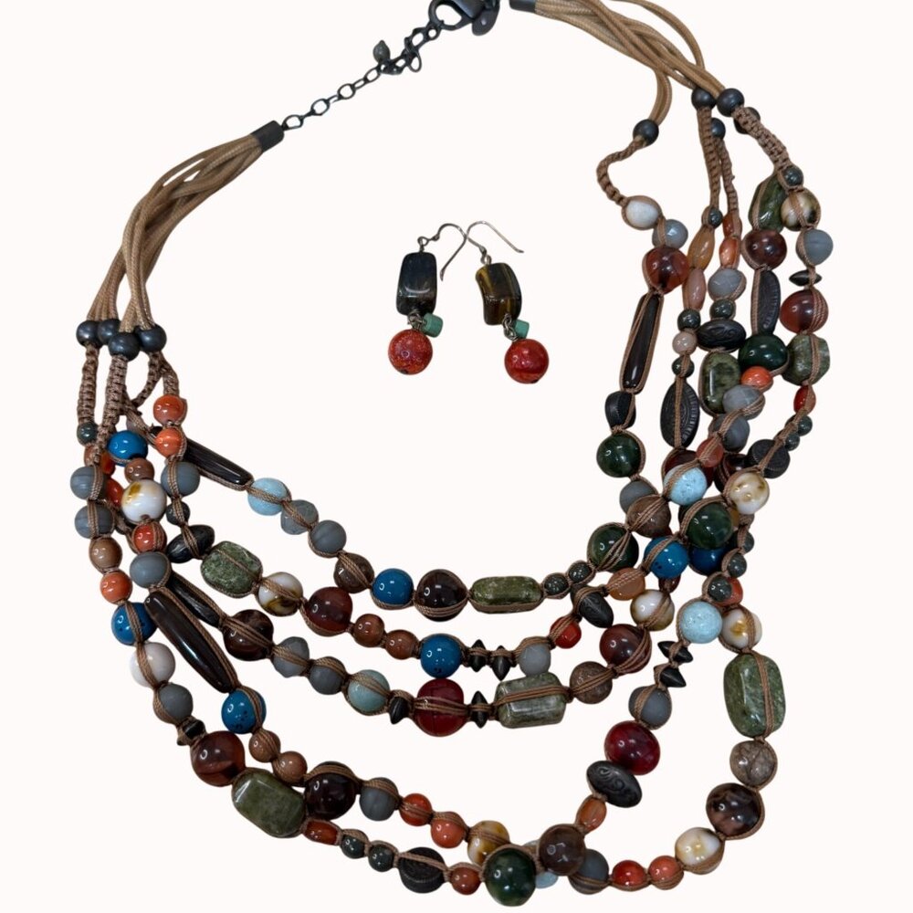 Chicos Multicolor Beaded Necklace & Earrings‎ Set Stone, Boho, Gypsy, Statement,